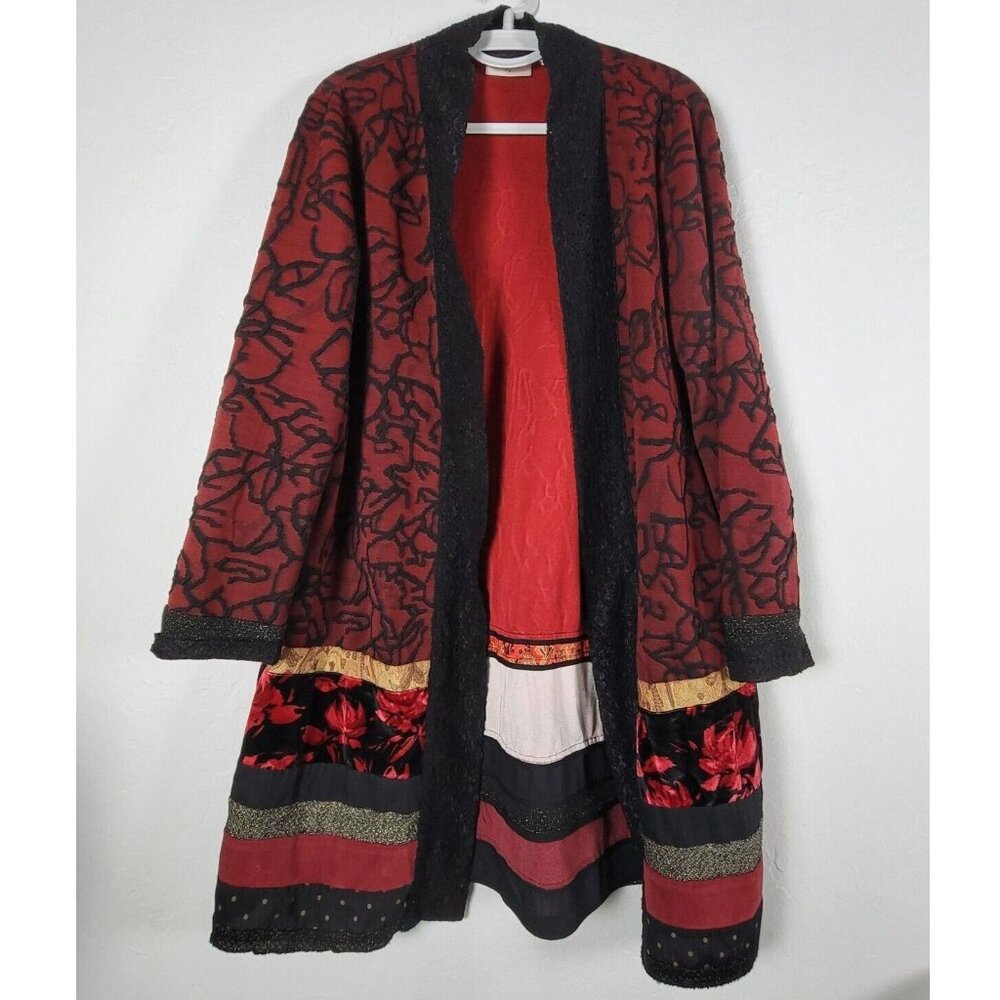 Chico's Women's Lace Open Front Cardigan Jacquard Velvet Red Patchwork Size 2